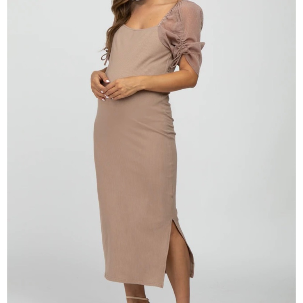 PinkBlush Mocha Ruched Sleeve Maternity Midi Dress